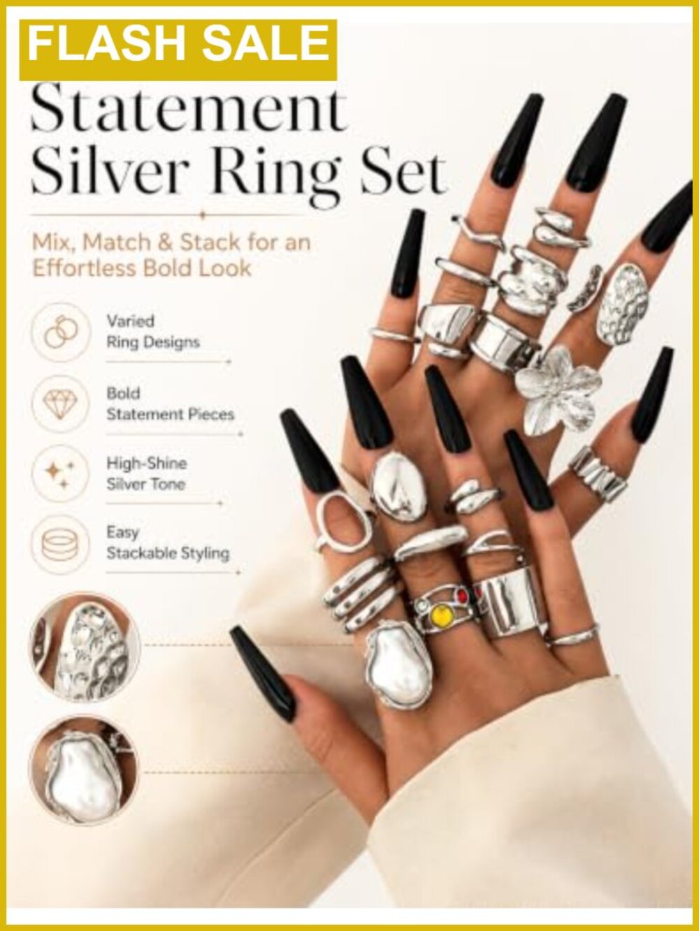 20pc Gold Plated Stacking Rings Set Chunky Boho Flower Statement Rings - Picture 3 of 6